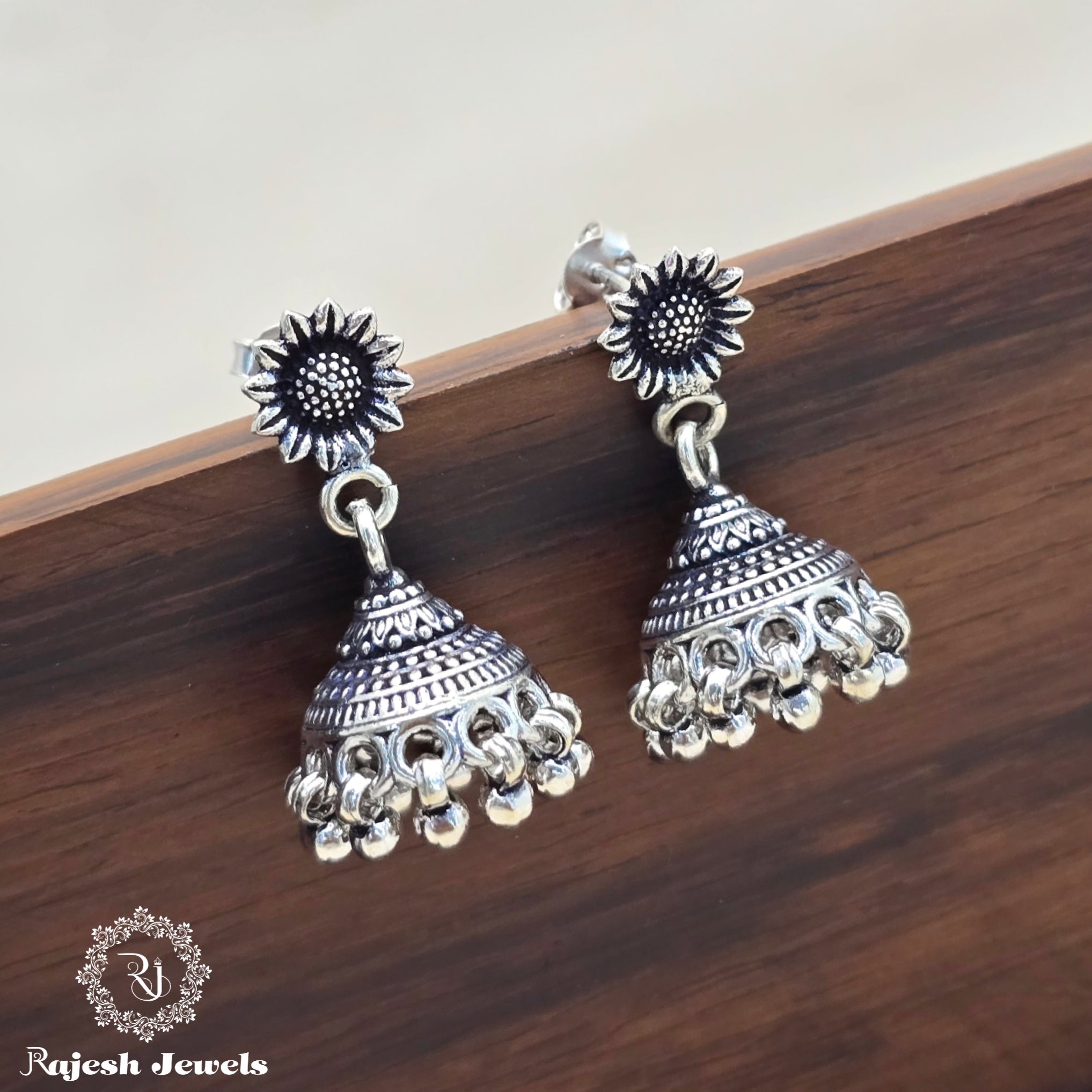 Floral Silver Oxidised Jumka Earrings