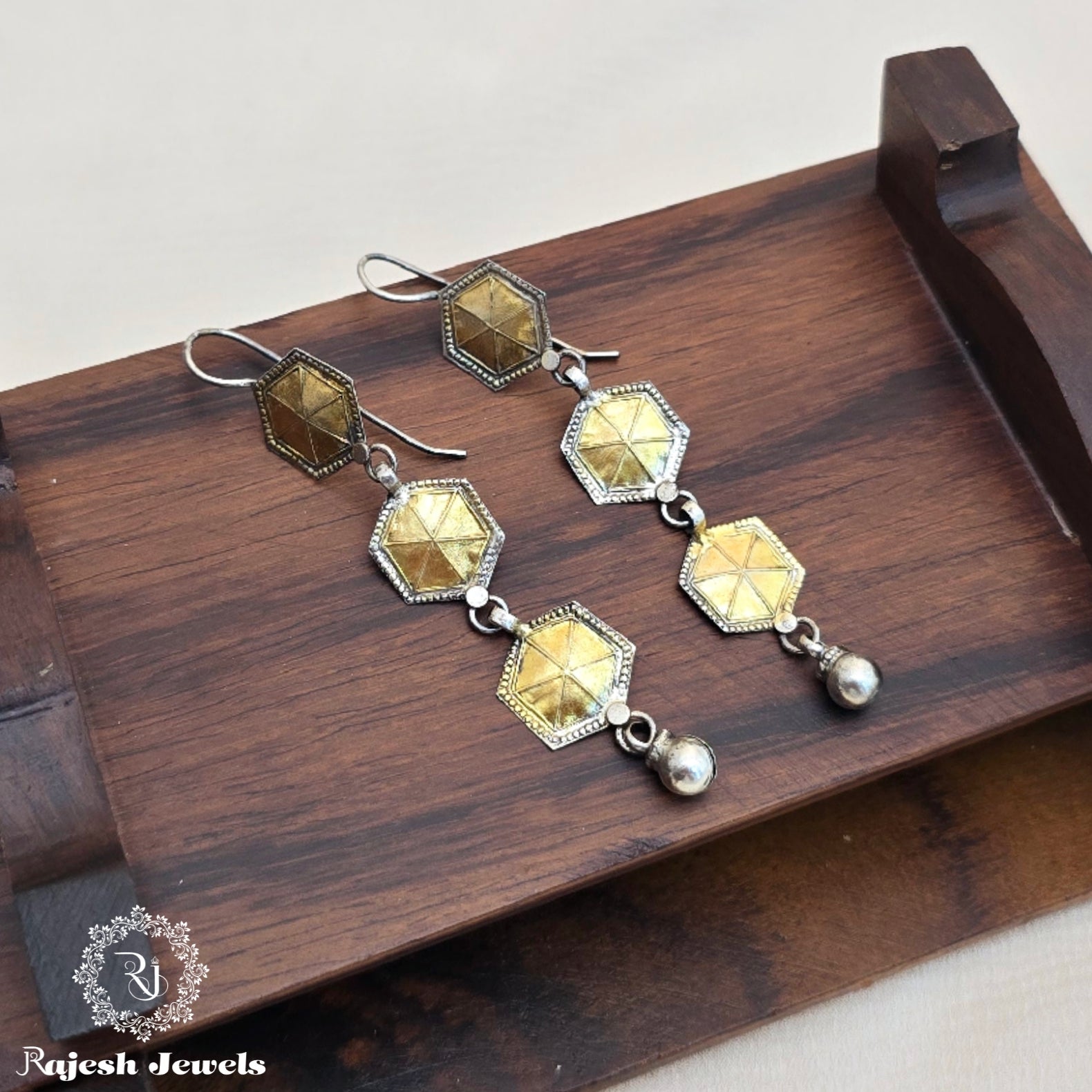 Hexagon Dual Tone Hanging Earrings