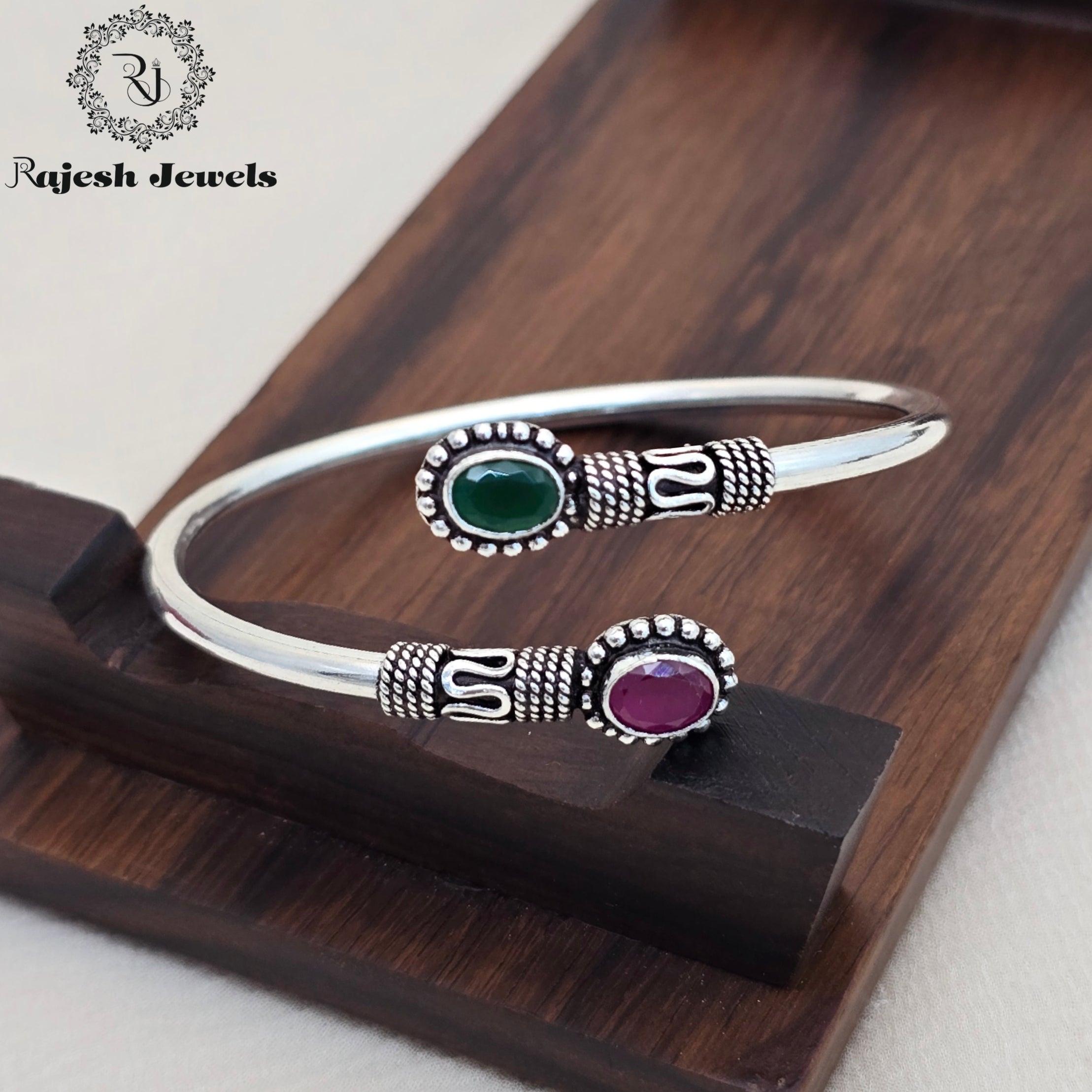 Oval Red Green Silver Oxidised Cutstone Hand Kada