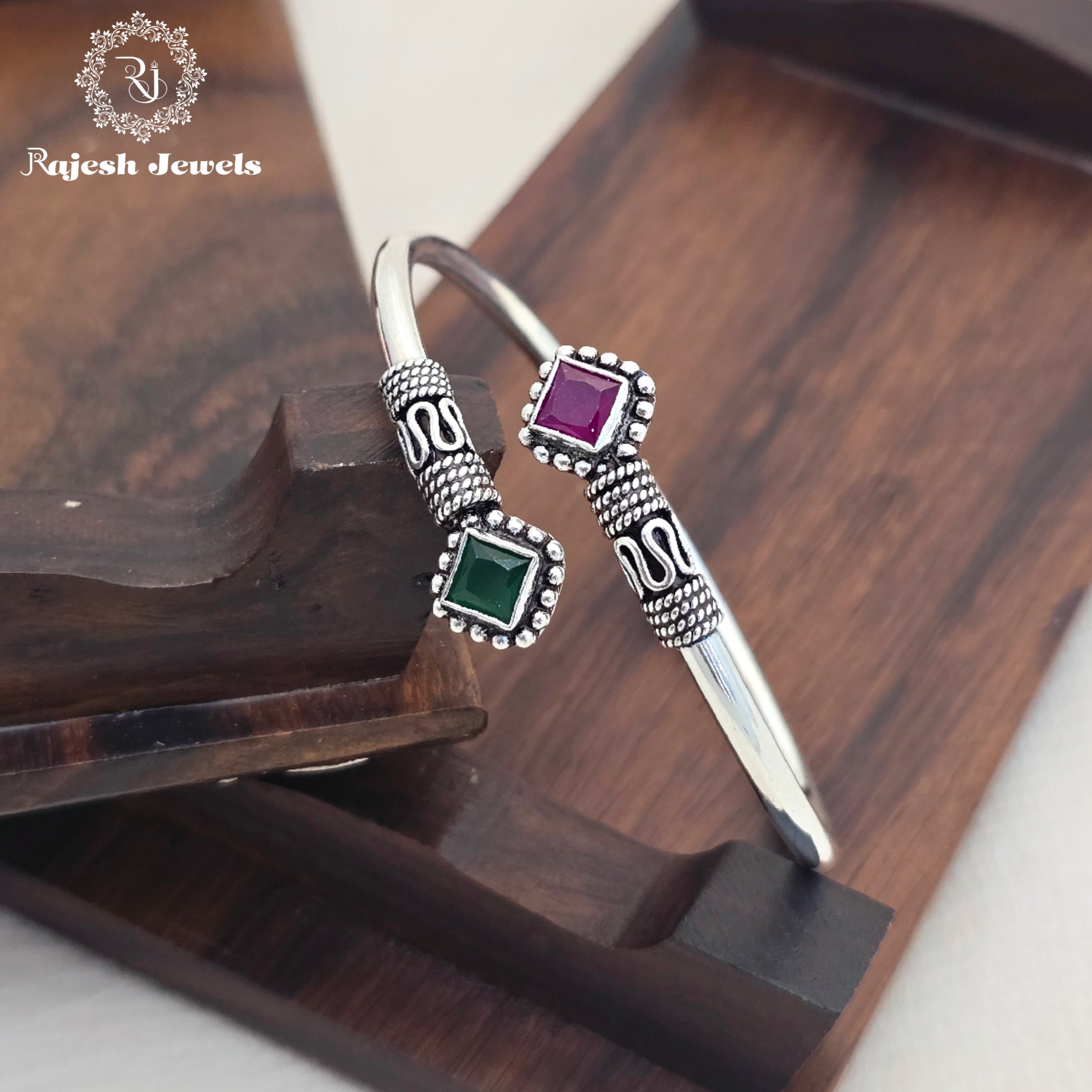 Square Red Green Silver Oxidised Hand Kada