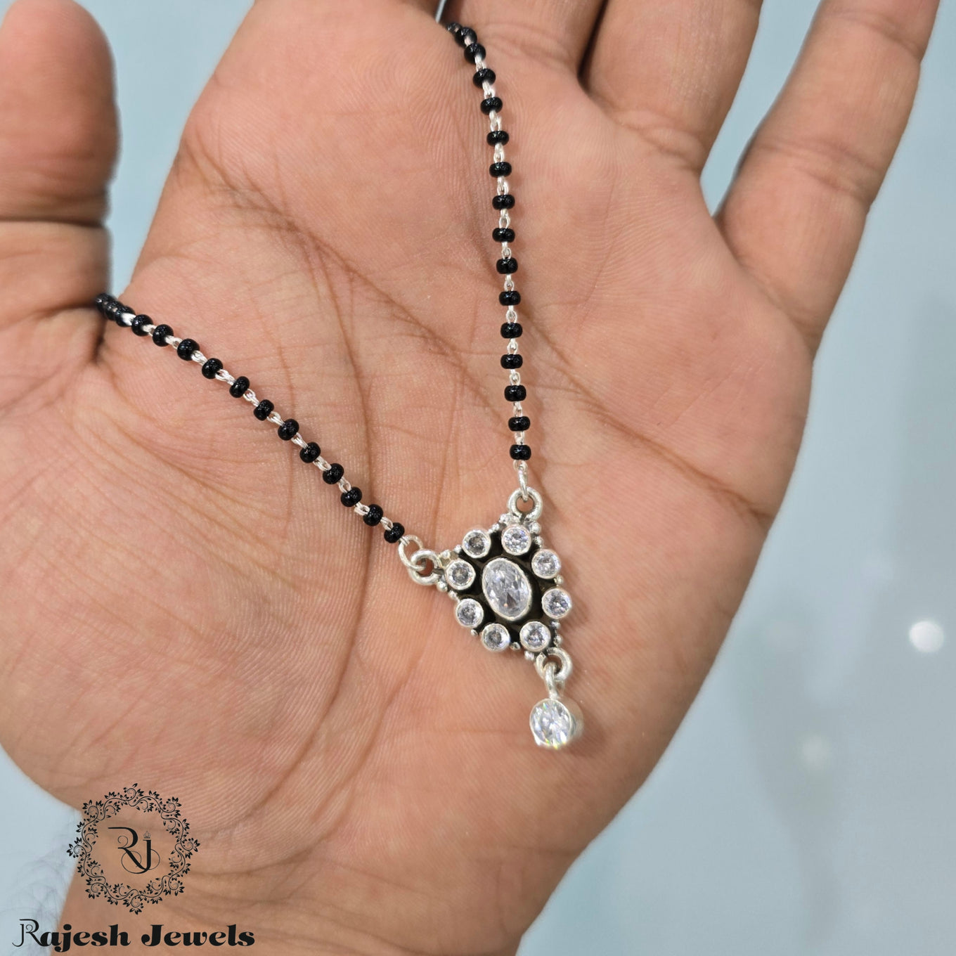 Oval Shaped Blackbead Silver Mangalsutra