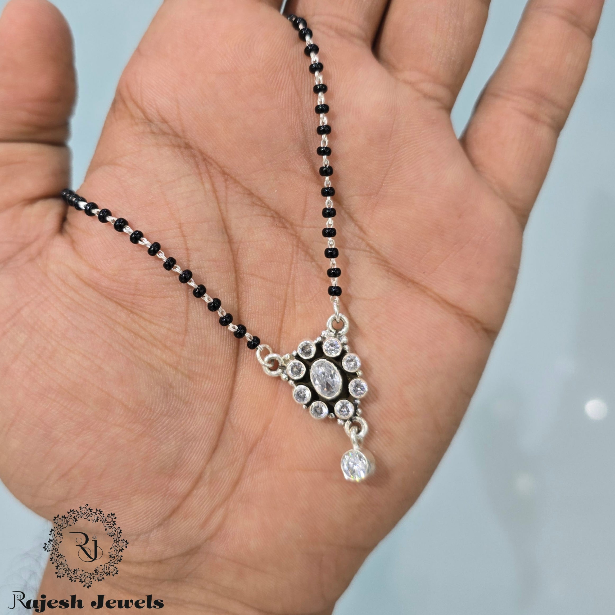 Oval Shaped Blackbead Silver Mangalsutra