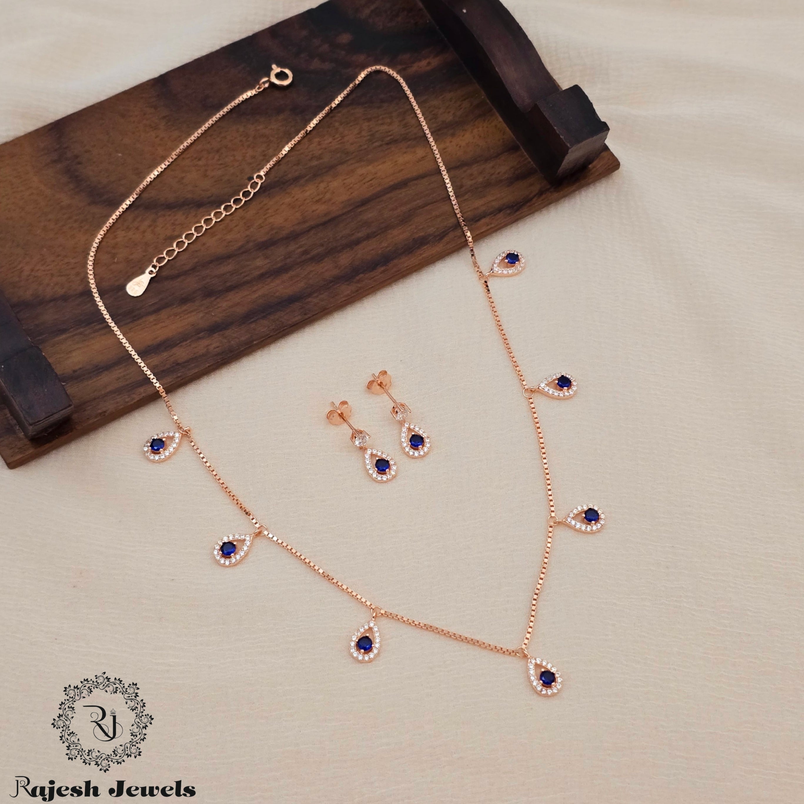 Classy Royal Blue Cz Necklace With Earrings