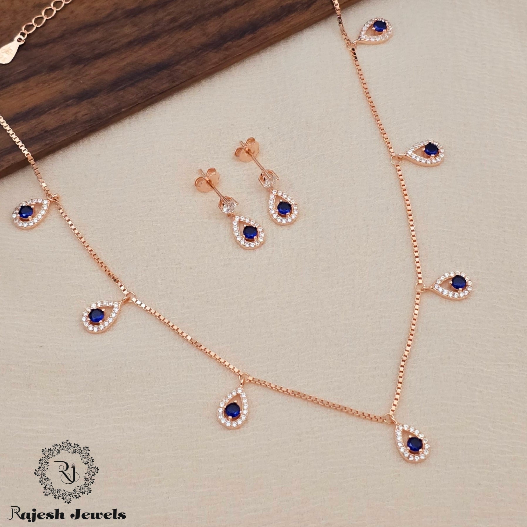 Classy Royal Blue Cz Necklace With Earrings
