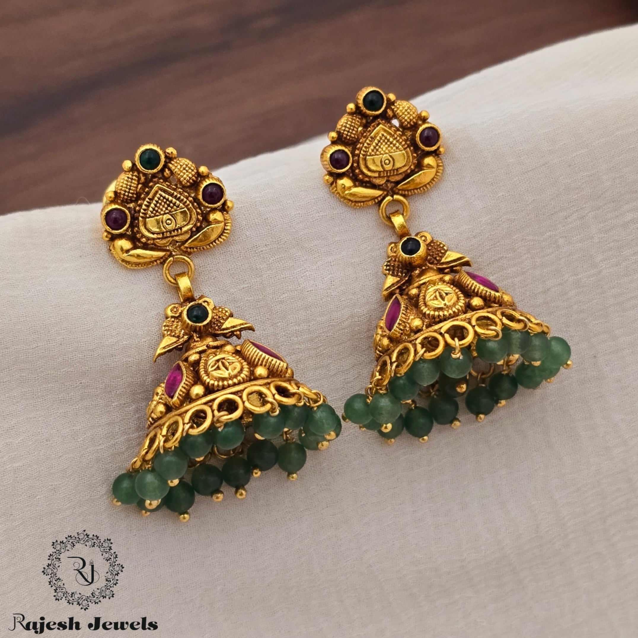 Impressive Green Beaded Gold Plated Jumka