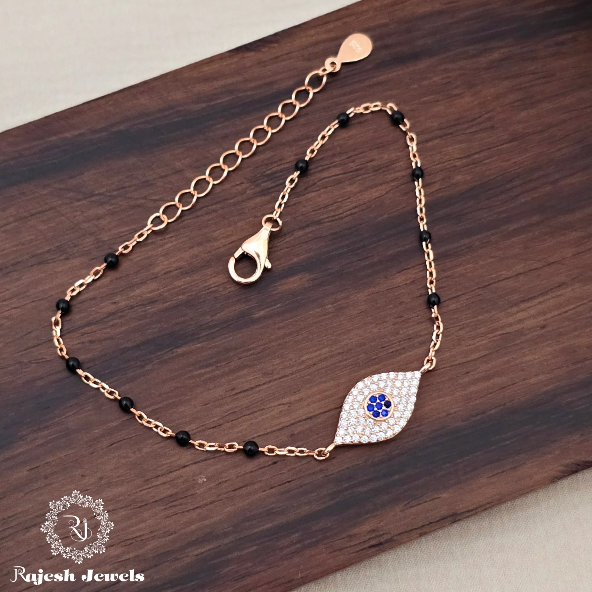 Stylish Cz Black Beaded Rosegold Finish Bracelet