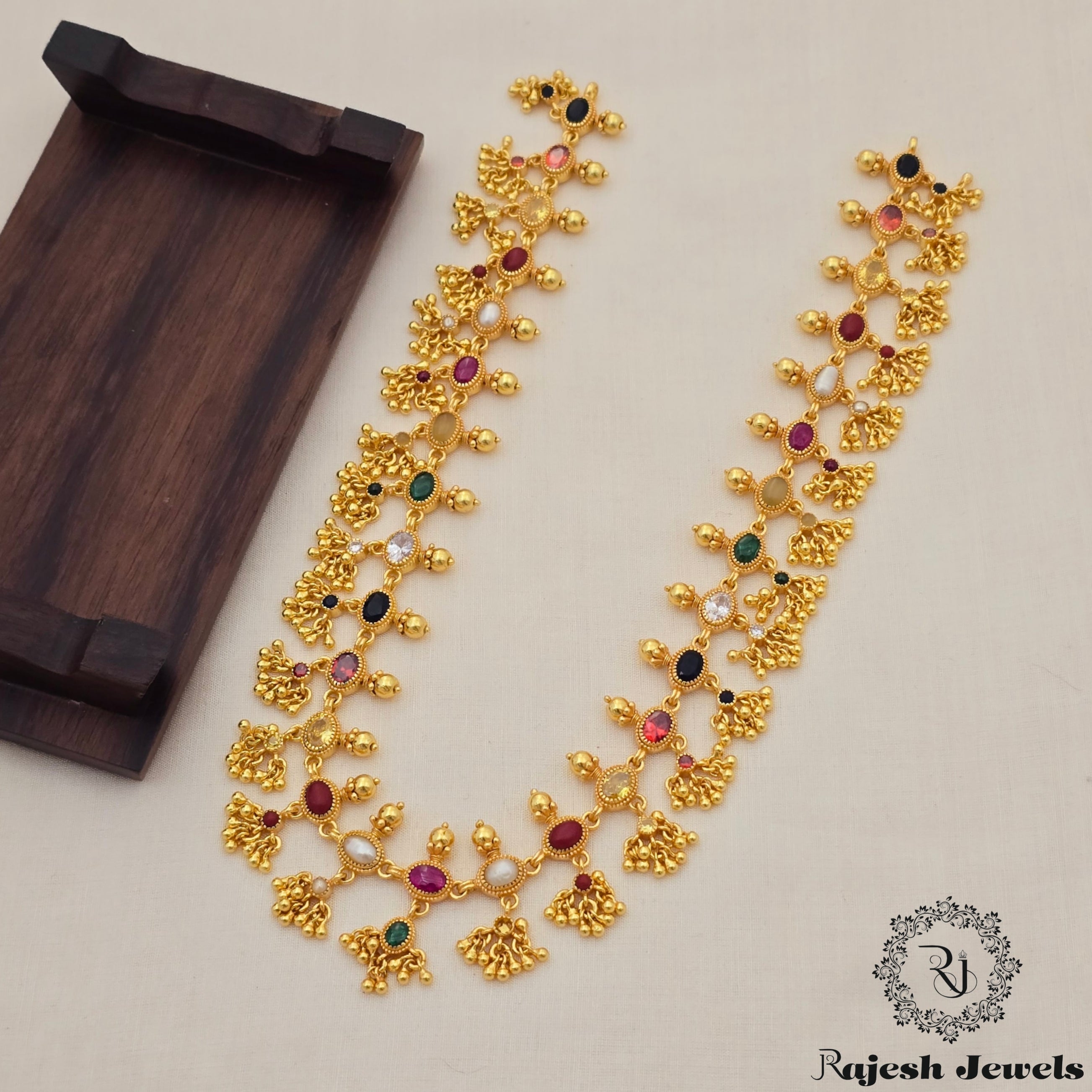 Elegant Navaratna Silver Gold Plated Long Haram