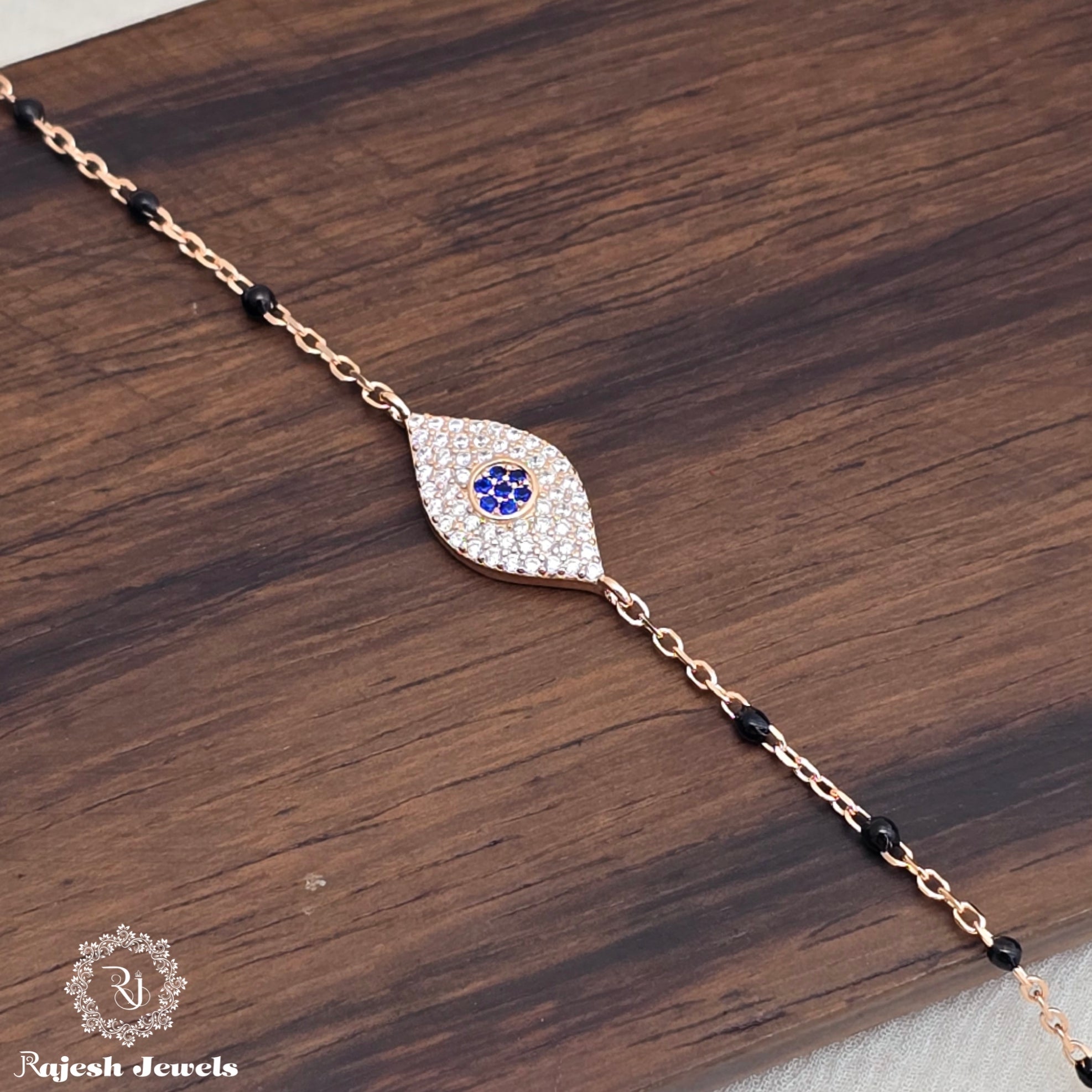 Stylish Cz Black Beaded Rosegold Finish Bracelet
