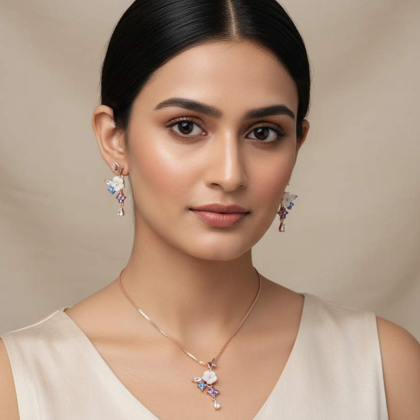 Enlightening Cz Rosegold Neckpiece With Earrings