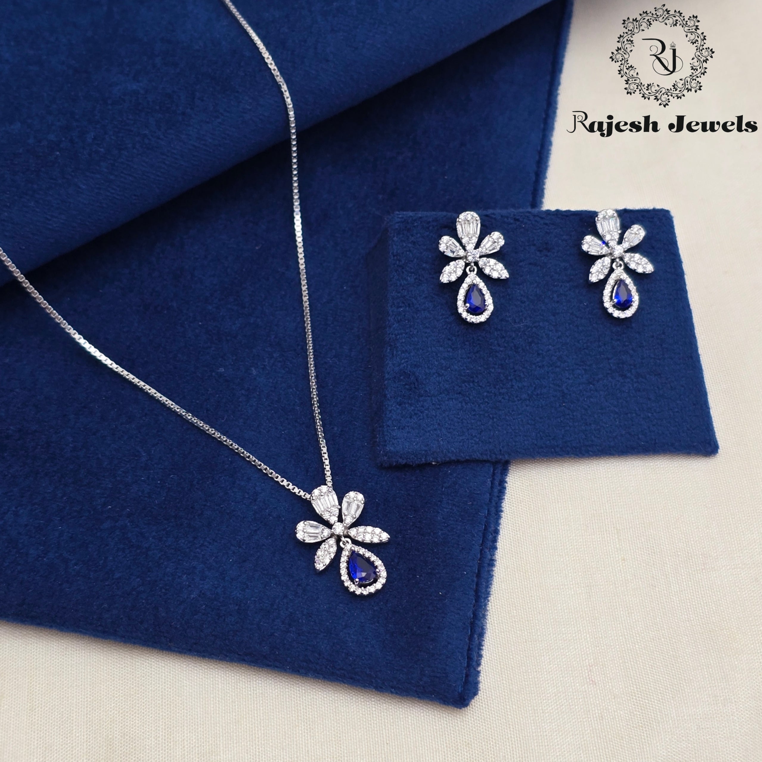 Royal Blue Rodhium Finish Neckpiece With Earrings
