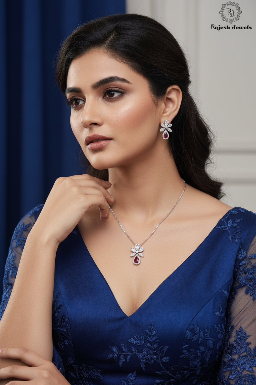 Passionate Red Cz Rodhium Finish Neckpiece