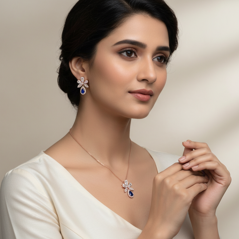 Dazzling Cz Rosegold Neckpiece With Earrings