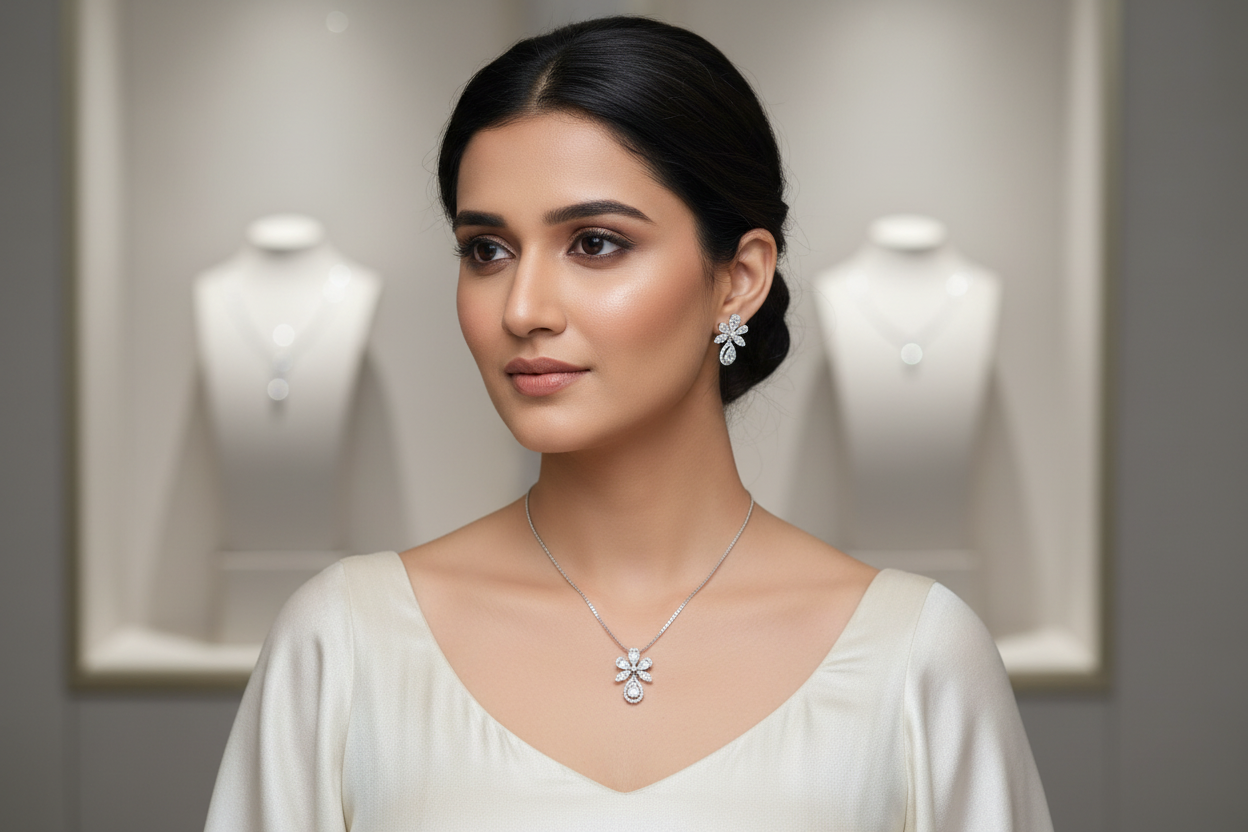 Shimmering Cz Neckpiece With Earrings