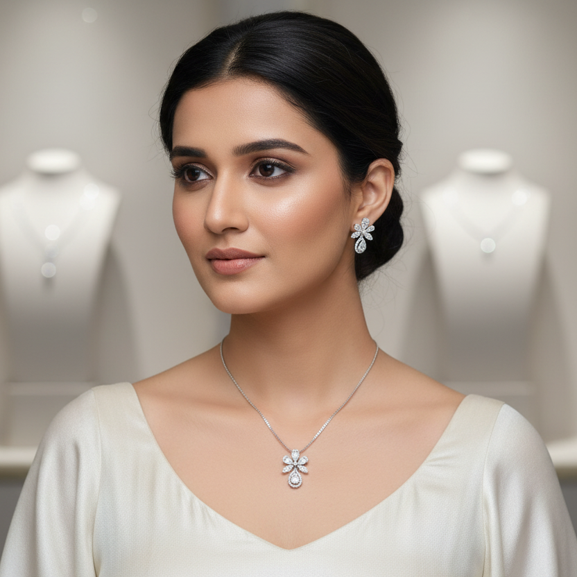 Shimmering Cz Neckpiece With Earrings