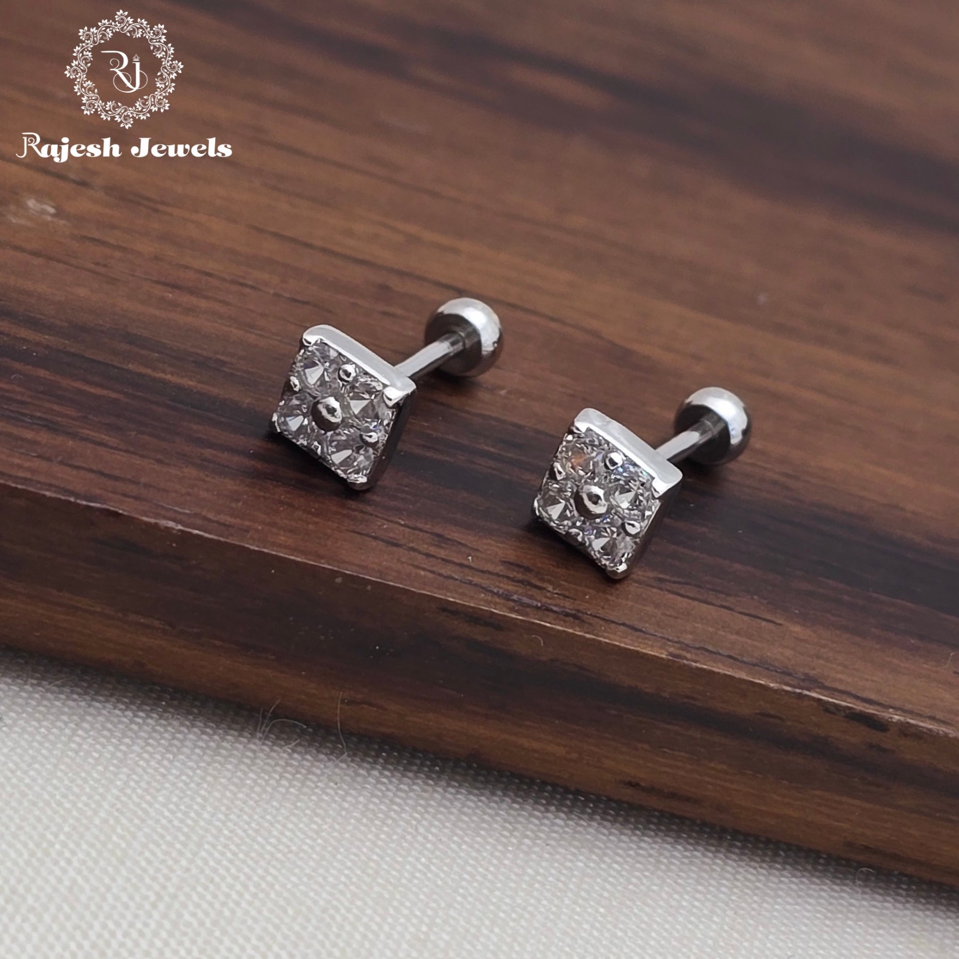 Elegant Box Cz Rodhium Finish Stud Earrings