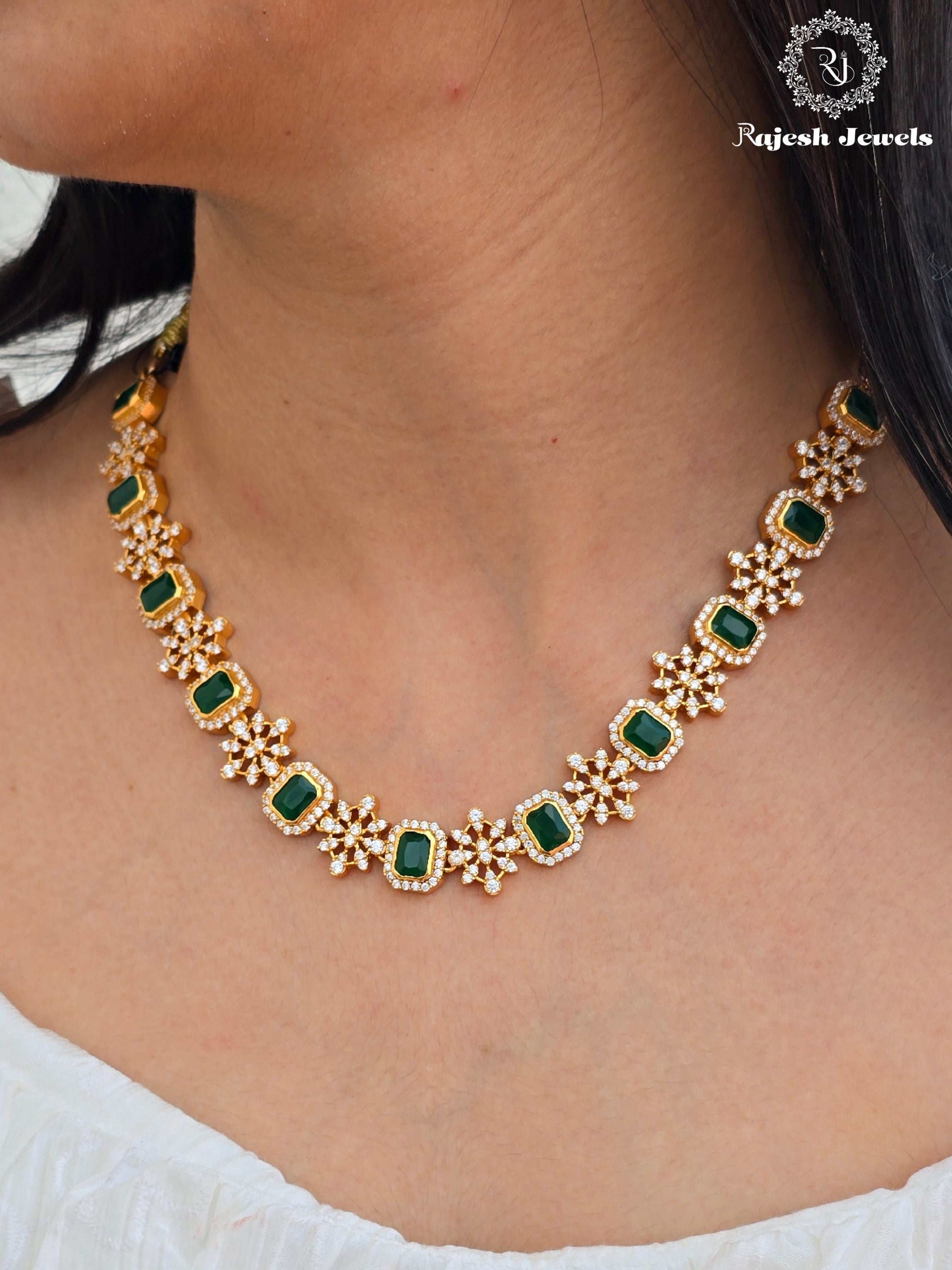 Graceful Green Cz  Silver Gold Plated Neckpiece