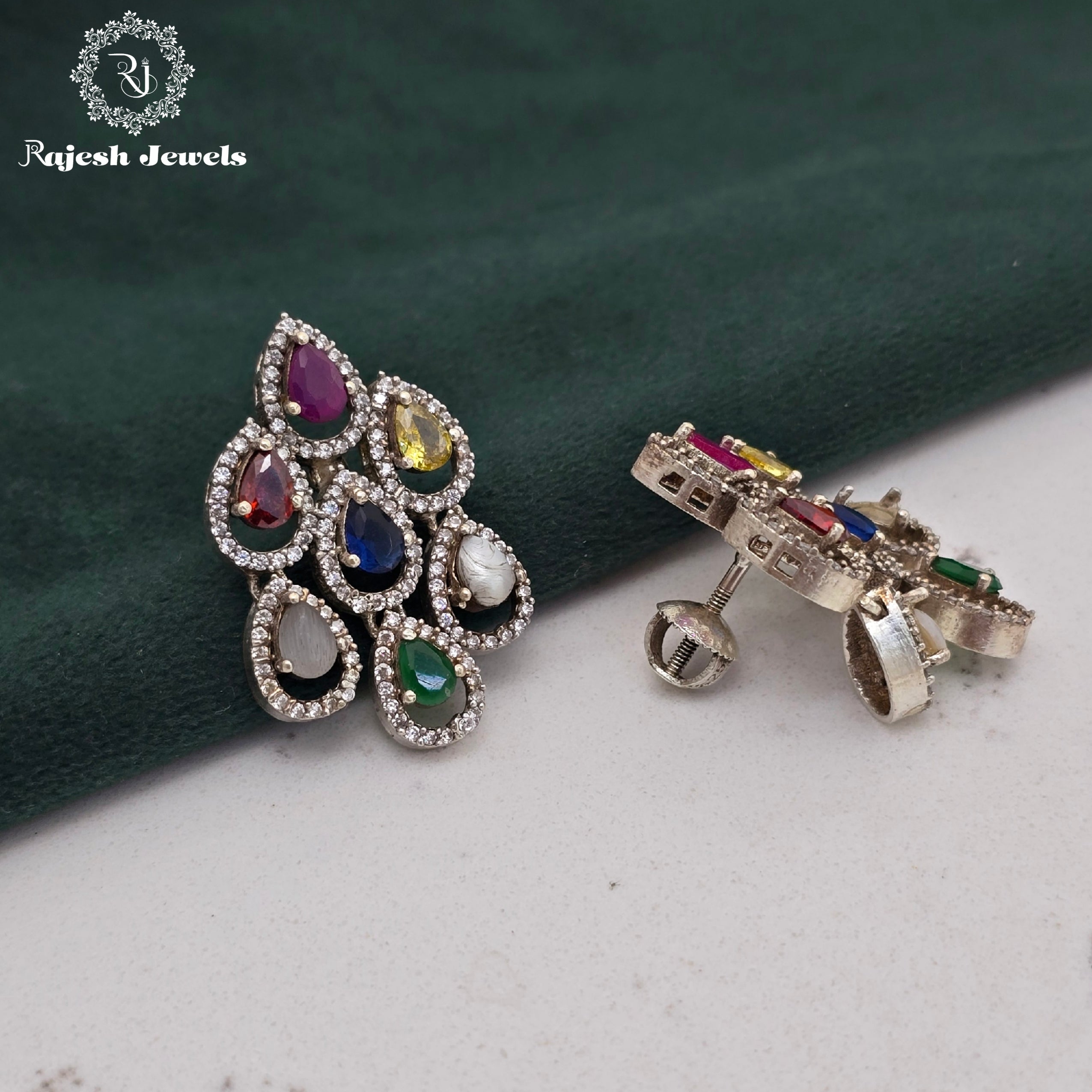 Teardrop Navrathna Stud Earrings