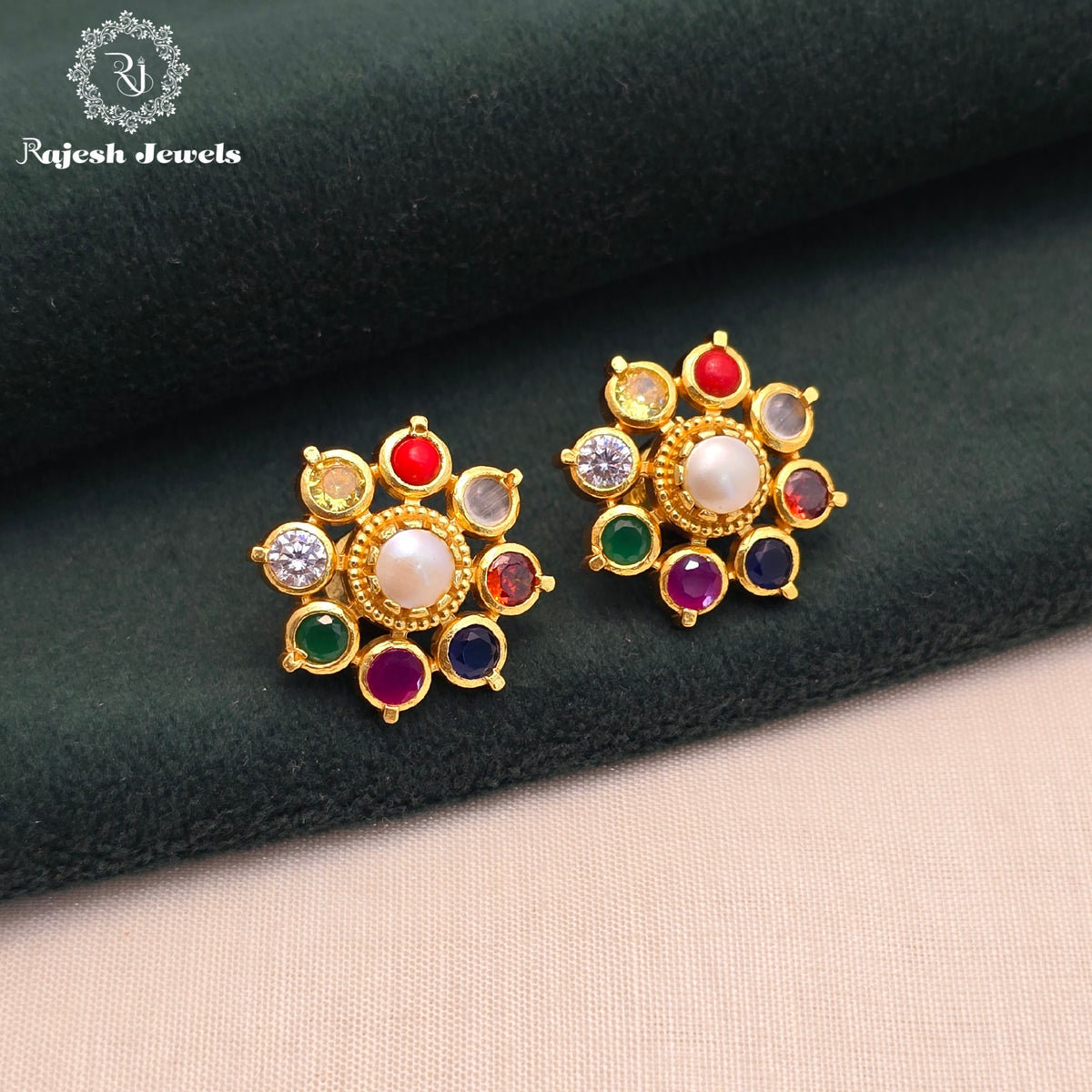 Amazing Navrathna Cz Stud Earrings