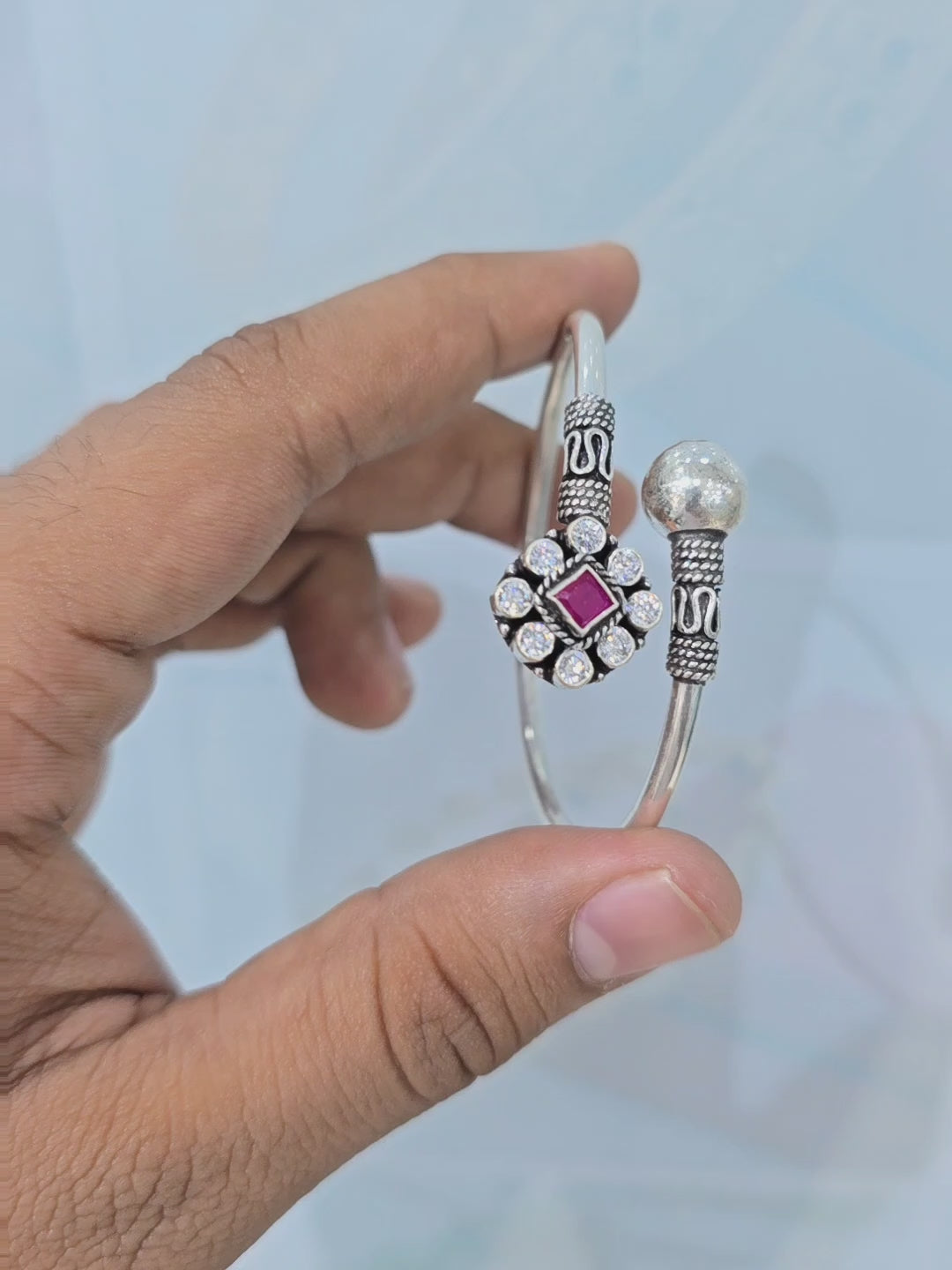 Load video: Floral Red Squared Silver Hand Kada