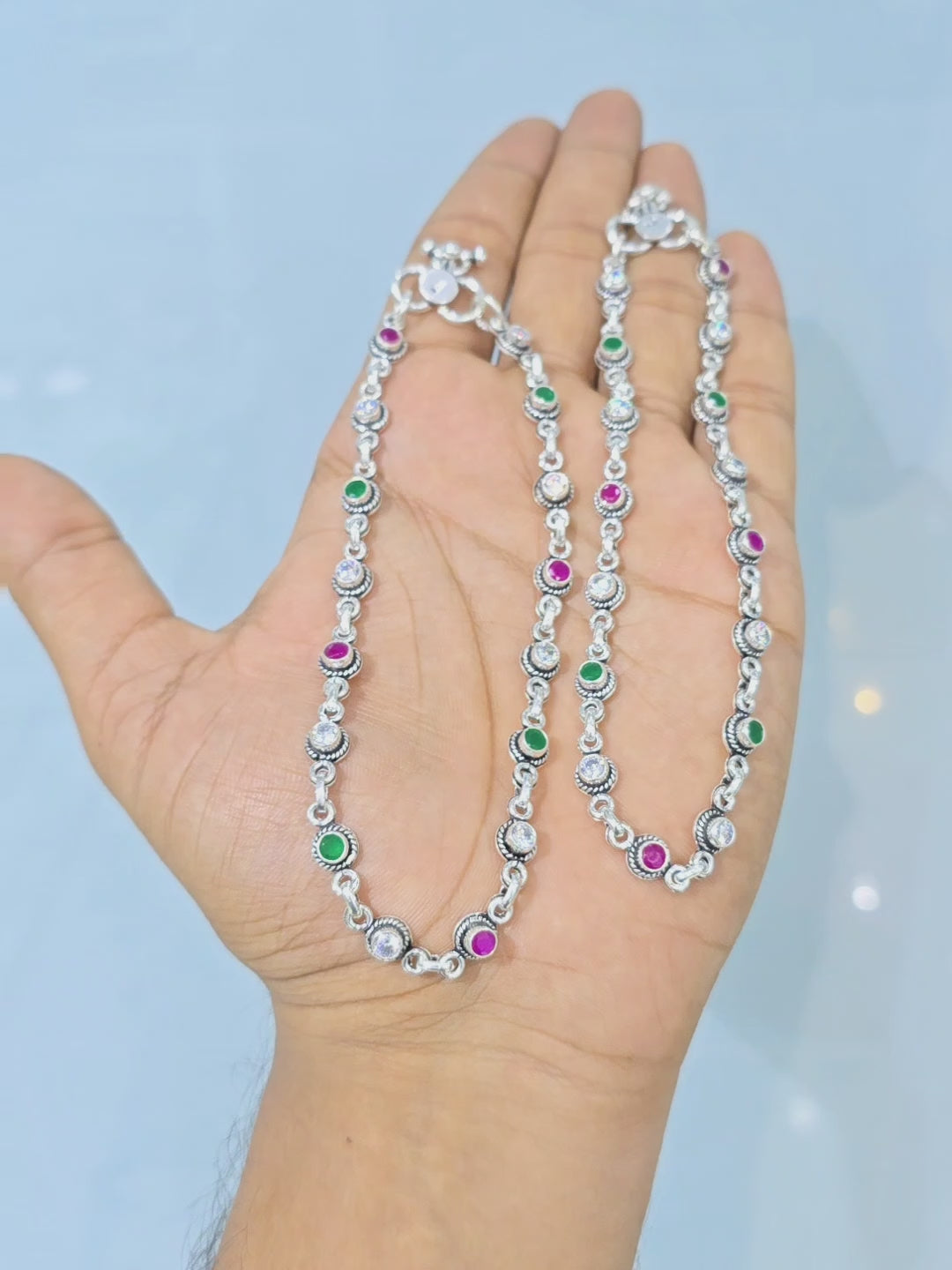 Load video: Classy Multi Coloured Oxidised Cutstone Anklet