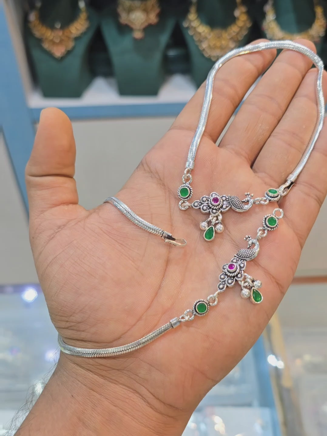 Load video: Graceful Green Peacock Cutstone Anklet