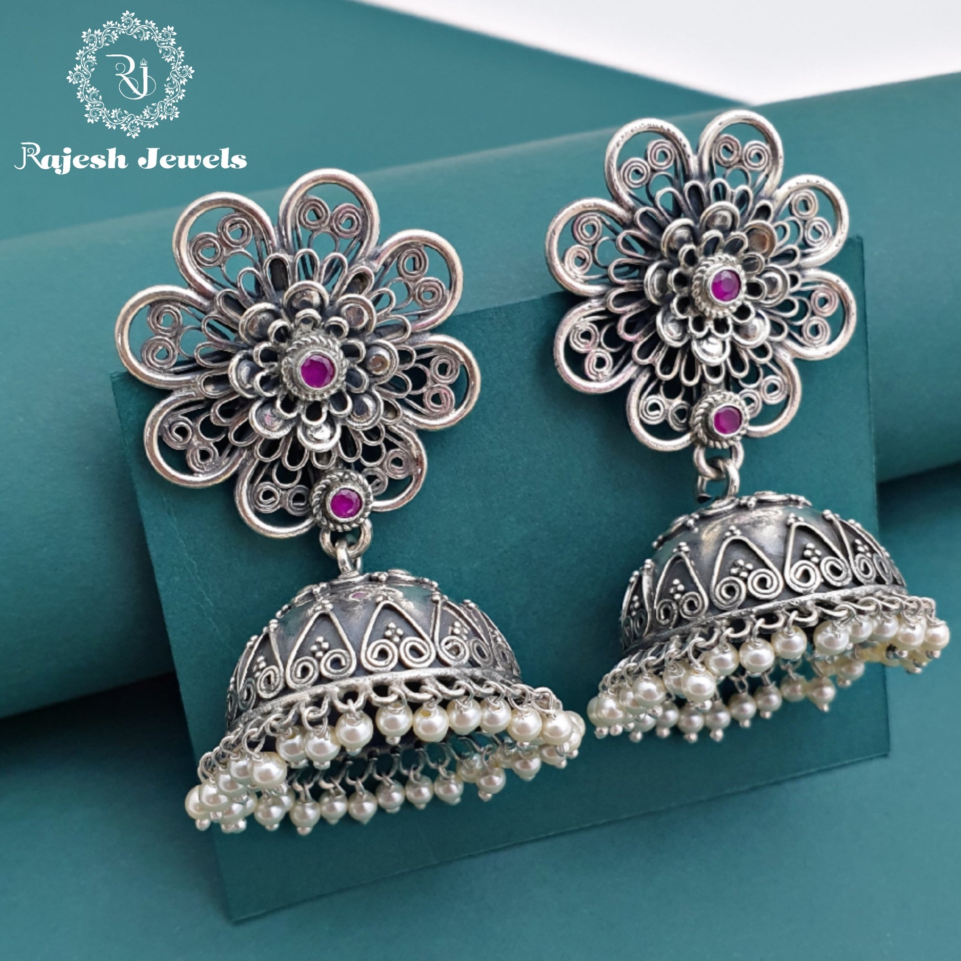 Shimmering Floral Oxidised Jumka