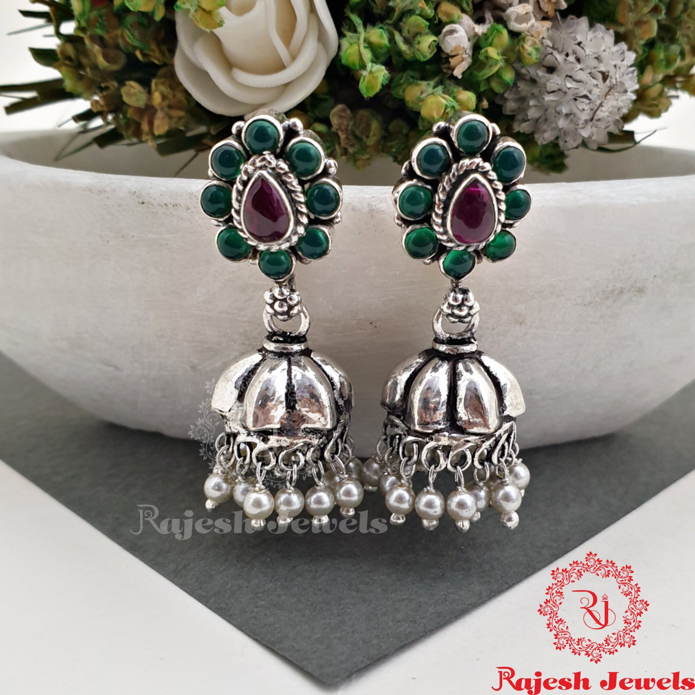 Graceful Green Oxidised Jumka