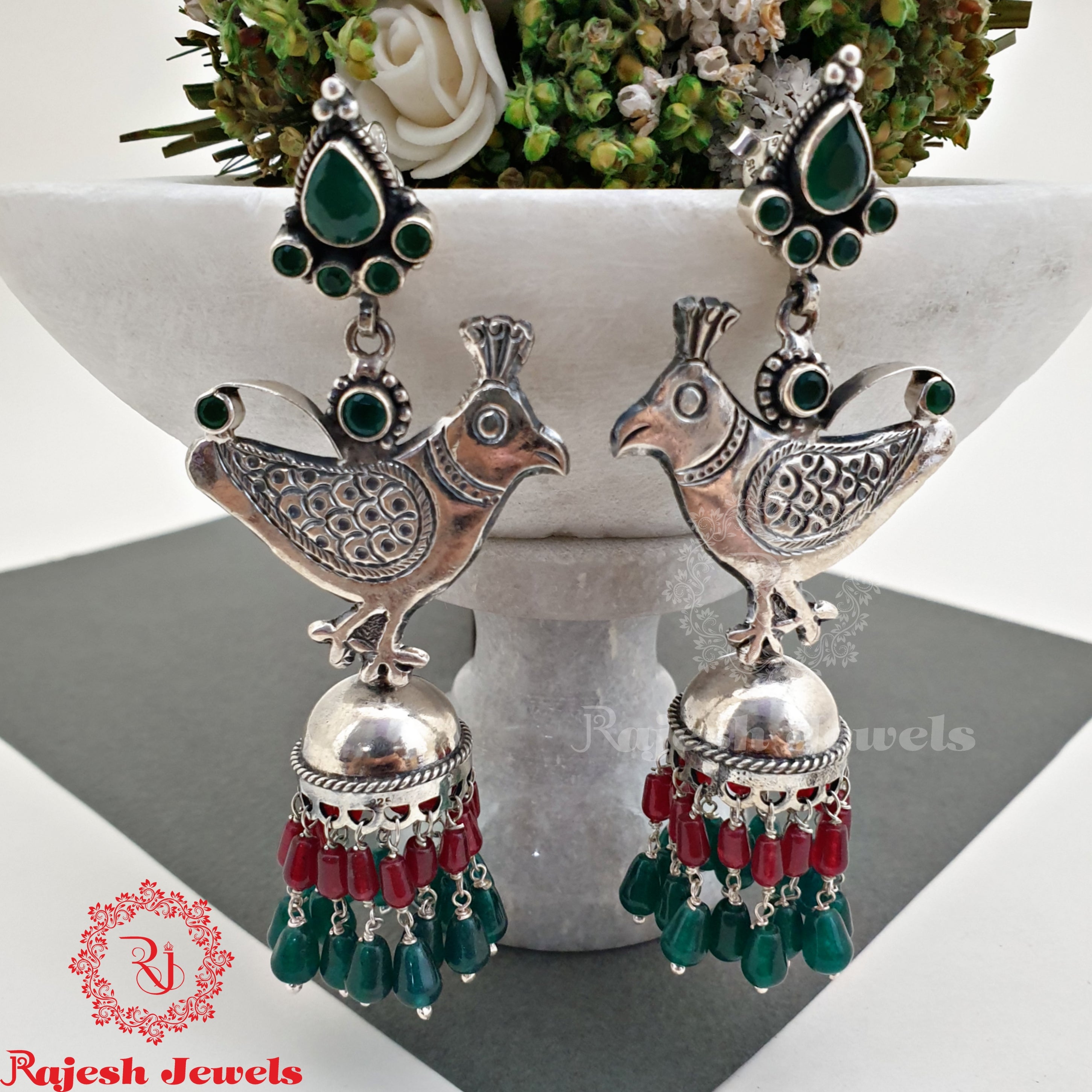 Quaint Peacock Oxidised Jumka