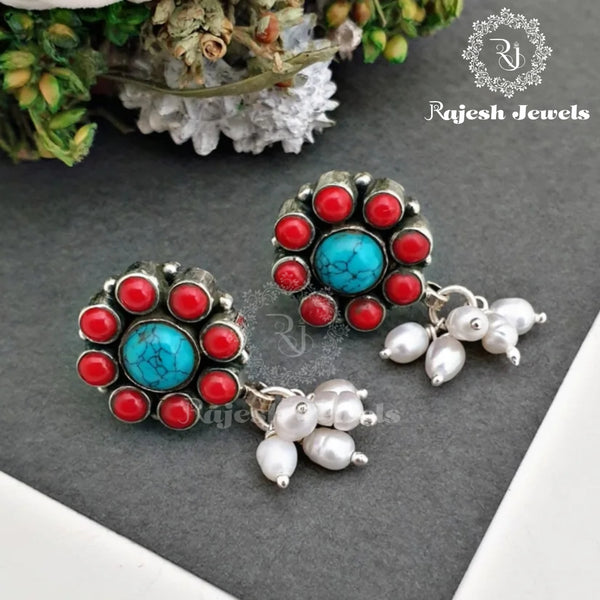 Coral Turquoise Floral Earrings