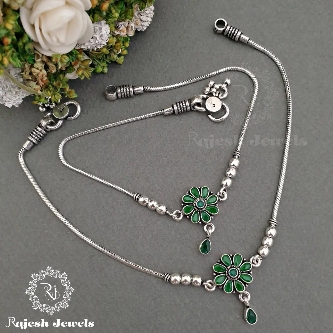 Green Floral Pure Silver Anklets