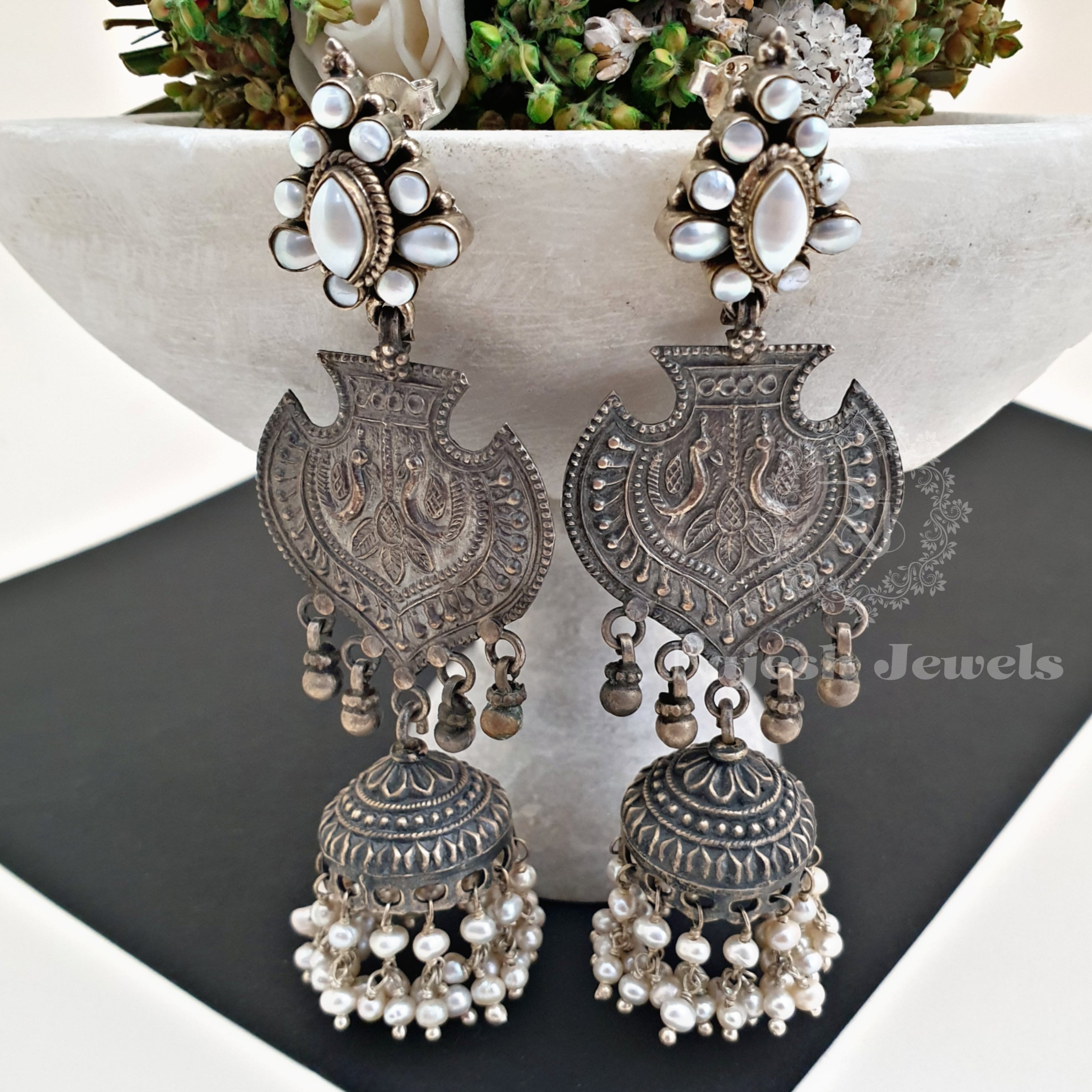 Classy Pearl Oxidised Jumka