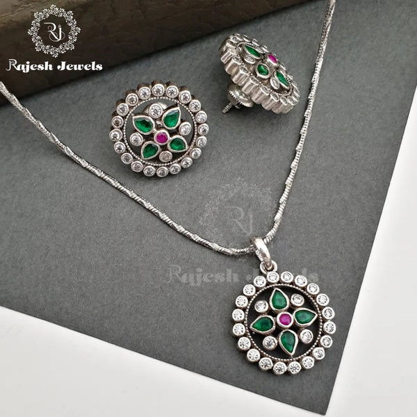 Floral Green Oxidised Pendant Set